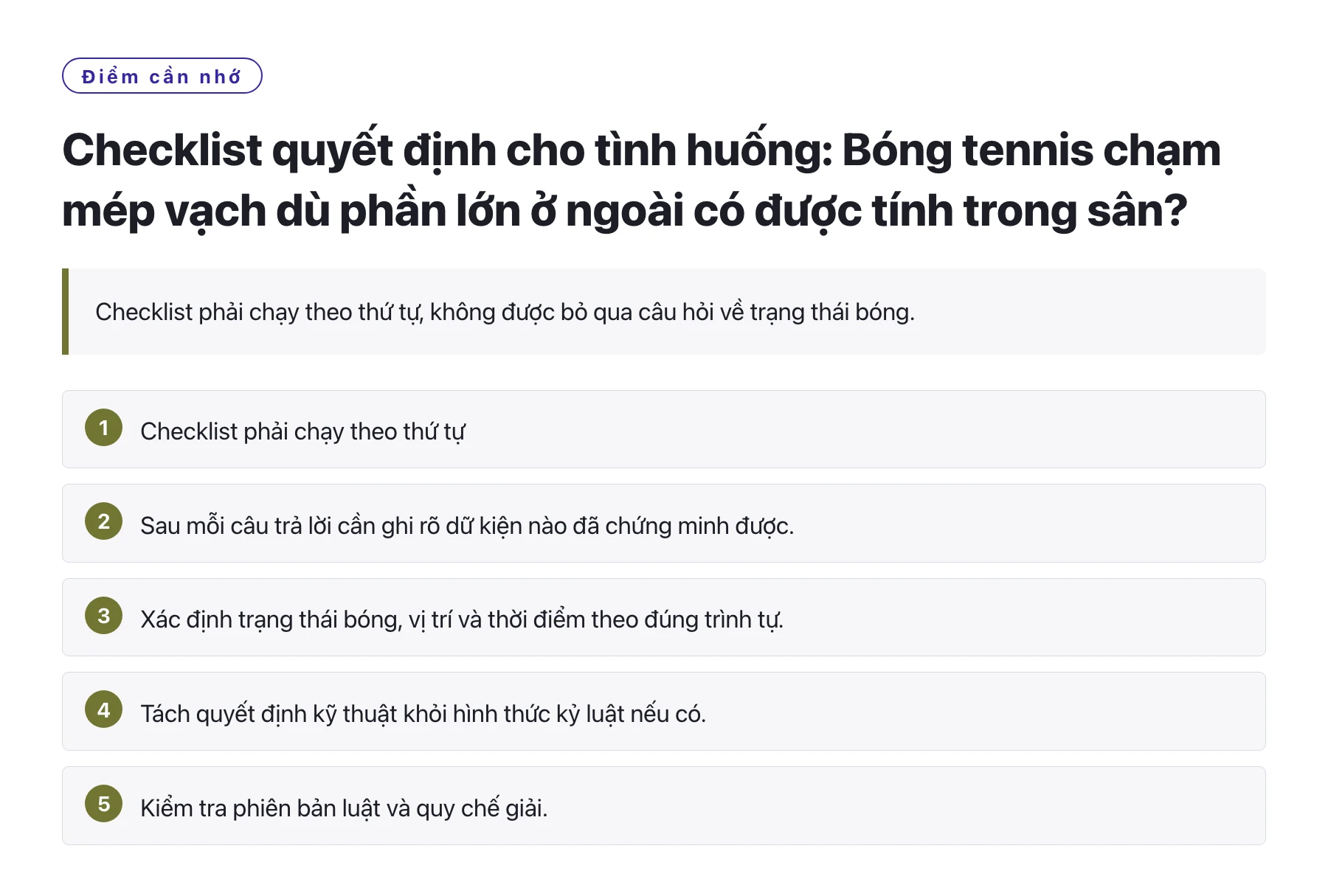 Checklist quyết định cho tình huống: Bóng tennis chạm mép vạch dù phần lớn ở ngoài có được tính trong sân?——全文要点速览